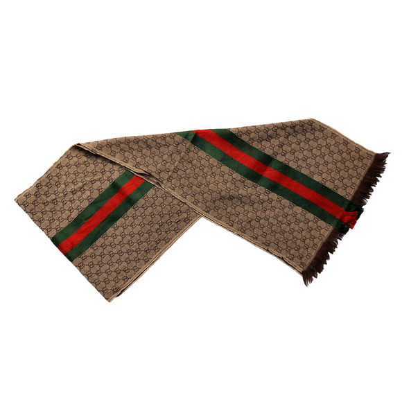 Gucci Brown & Beige GG Logo Print w/ Green Red Stripe Wool Silk Scarf Pre-owned - Picture 1 of 16